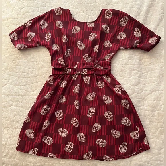 XHILARATION SUGAR SKULL PRINT FIT AND FLARE MINI DRESS RED size S - Picture 3 of 8
